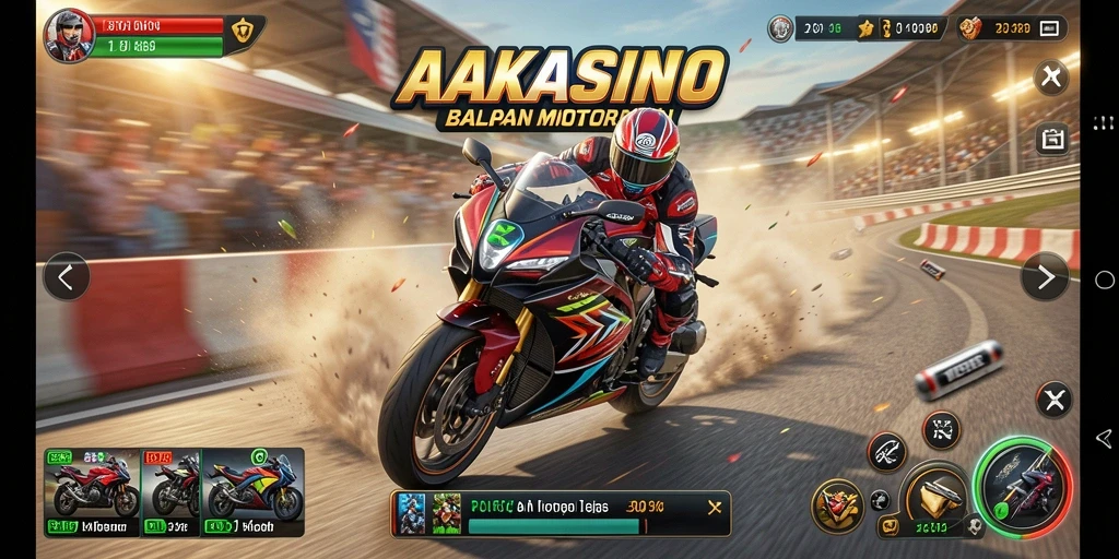 Gameplay seru AAKASINO dengan motor balap yang cepat dan trek menantang.