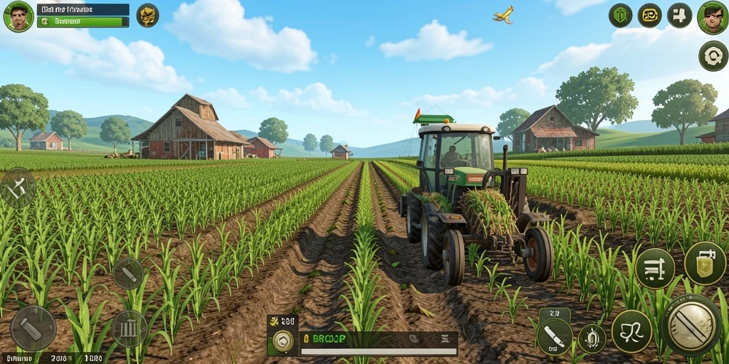 Screenshot gameplay BROJP menampilkan suasana pertanian yang hidup dan interaktif.