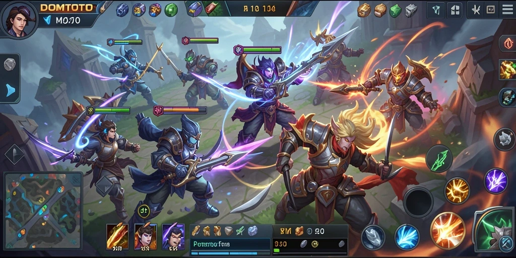 Screenshot DOMTOTO menampilkan aksi pertarungan seru dalam game MOBA.