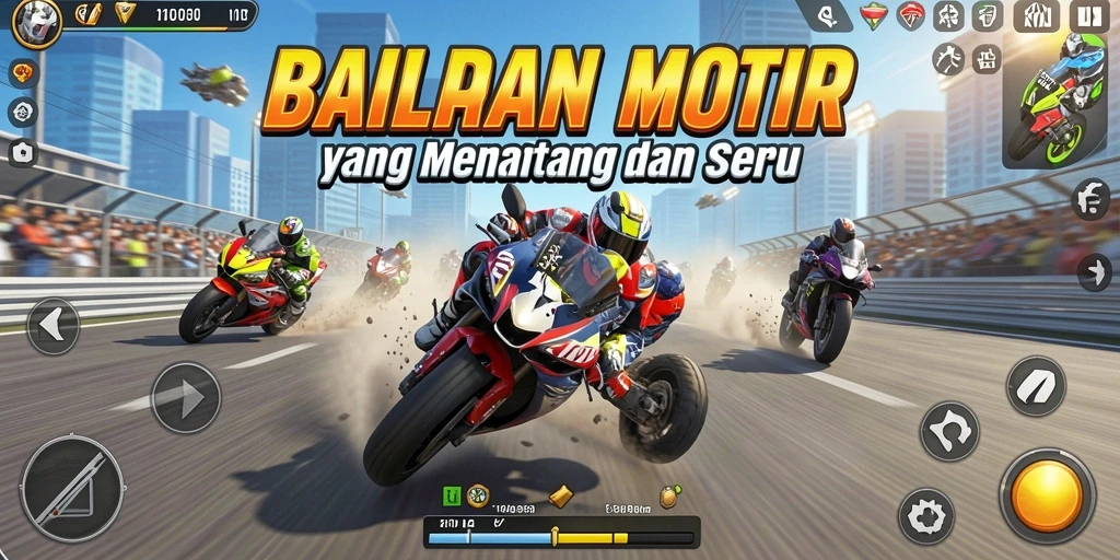 Tangkapan layar utama KKWIN menampilkan balapan motor yang seru dan mendebarkan.
