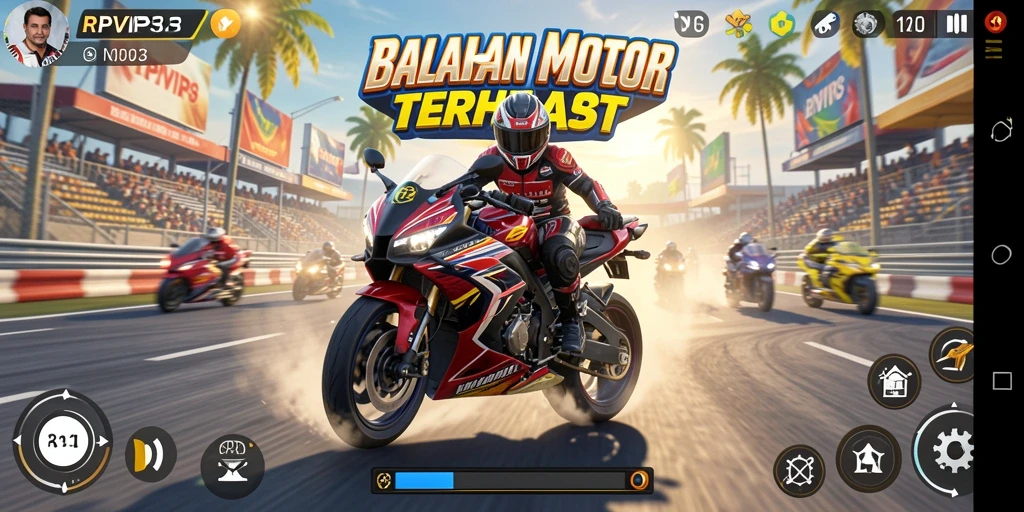 Screenshot RPVIP3 menampilkan balapan motor yang seru dan intens.