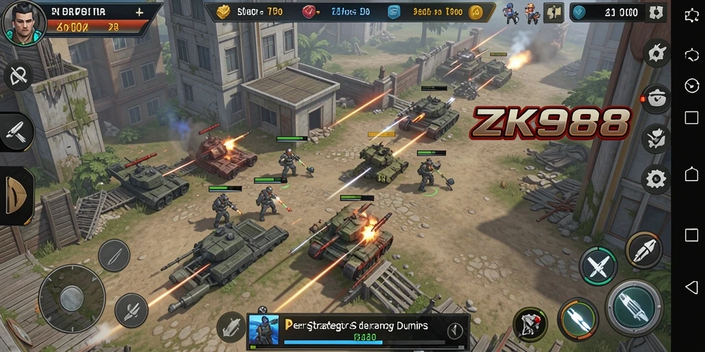 Screenshot gameplay ZK988 yang mendebarkan di medan perang.